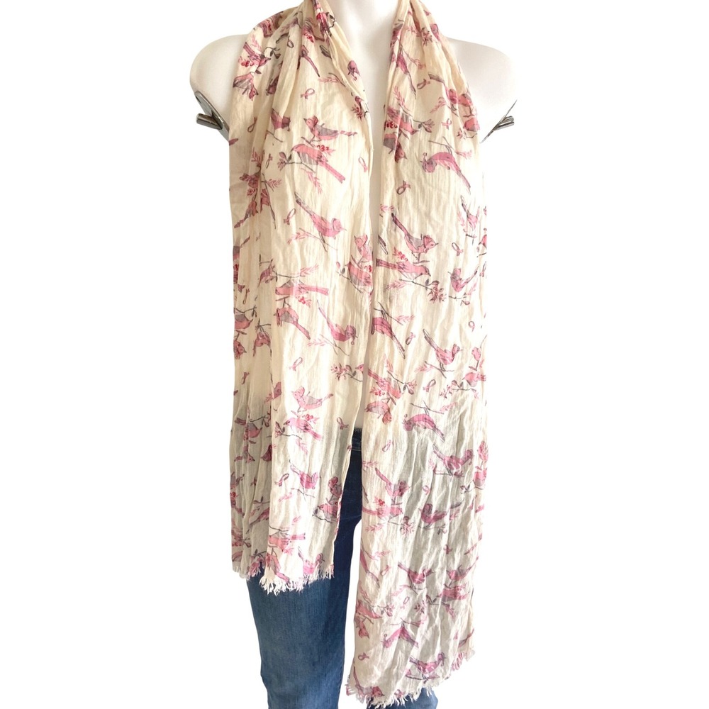 LC Lauren Conrad Pink Bird Breast Cancer Awareness Scarf Cream Frayed Fringe